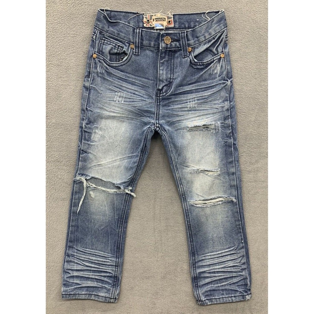 Monarchy Jeans Boys Youth Size 7 Blue Embroidered Design Pockets Whiskering Fade